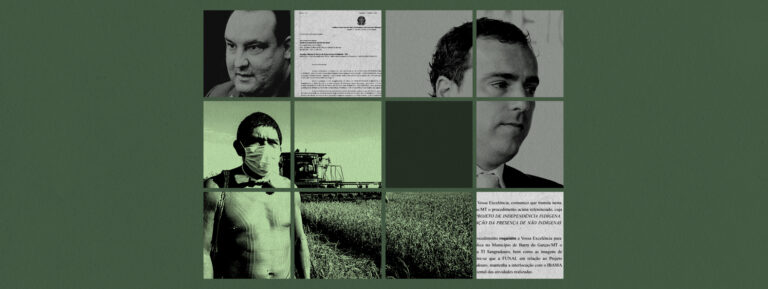 Mosaico de fotos sobre fundo verde escuro. Dentro de quadrados, fotos da colheita de arroz em terras indígenas, do presidente da Funai na época, Marcelo Xavier, do presidente do Ibama na época, Eduardo Bim, e do documento (TAC) solicitando o desembargo.
