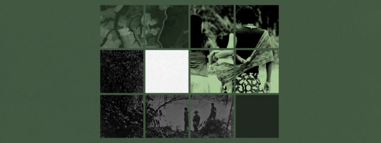 Mosaico de fotos sobre fundo verde escuro. Dentro de quadrados, fotos da Comissão Rondon (Acervo Museu do Índio), mulheres Yanomami de costas, uma delas segurando uma criança (Agência Brasil), e mapa das lavouras em terras indígenas no Mato Grosso.